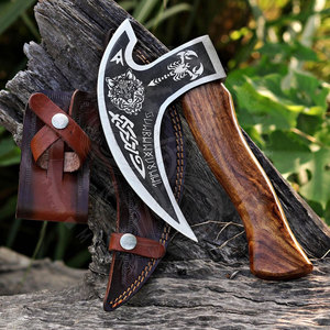 Wholesale Customized Hand Forged High Carbon Viking Pizza <b>Axe</b> with Custom Design Leather Sheath and Cutter Function for Chef Use - Product Image 2