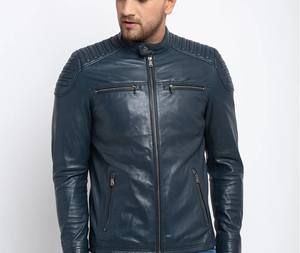 Chaqueta de Cuero Azul para Hombre, Estilo Vintage, Motociclista, Café Racer, con Hombros Acolchados, Cuello Alto, Capucha, Secado Rápido - Product Image 1