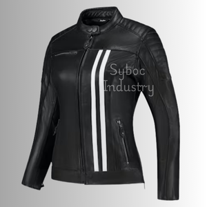 Chaqueta de moto de cuero rosa para mujer, chaqueta de moto de cuero genuino estilo carreras perforada para motociclistas - Product Image 3