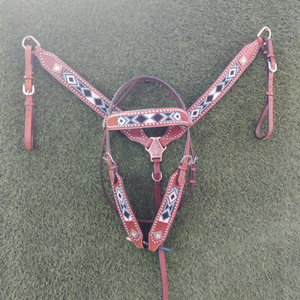 Premium Quality100% Genuine Leather Western <b>Beaded</b> One Ear Headstall & Breast Collar <b>Set</b> With Reins Wholesale Manufacturer - Product Image 5