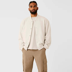 <b>White</b> varsity <b>jacket</b> <b>mens</b> casual lightweight button up bomber style custom logo embroidery plain design - Product Image 1