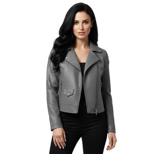 Unique Grey Leather Motorbike Jacket <b>Women</b> Custom Bulk Wholesale Factory Price Genuine Biker Style Ladies Fashion <b>Coat</b> OEM - Product Image 1