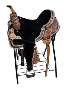 Selle Western pour cheval en cuir véritable de qualité supérieure avec arceau en fibre et bois, quincaillerie en acier inoxydable et laiton pour le barrel racing et l'équitation - Product Image 1