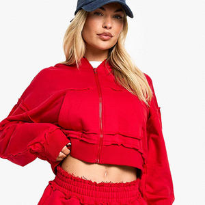 Vente chaude rouge 2 pièces femmes Reverse Loopback Boxy Crop Zip à travers Shorts survêtement ensemble à capuche et court ensemble de survêtement pour femmes - Product Image 6