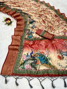 Zari weawing ผ้าไหมนุ่มพรีเมี่ยมนกยูงที่สวยงามพร้อมพิมพ์ลายกาลามาคาริทั่วส่าหรีที่ทำให้ดูดี - Product Image 3