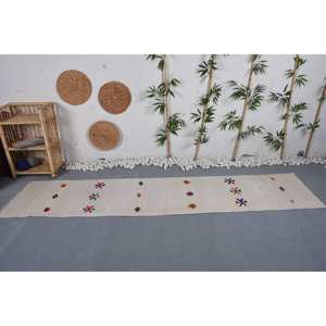 Alfombra turca Vintage moderna con patrón geométrico blanco (2,2x9,8 pies) Material de lana de látex para decoraciones de sala de estar para adolescentes - Product Image 1