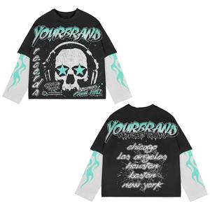 Custom High Quality Double Layer T <b>Shirt</b> Streetwear Distressed Full Print Graphic Flame <b>Sleeves</b> Double Layer <b>Long</b> <b>Sleeve</b> T <b>Shirt</b> - Product Image 3
