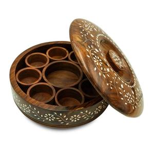 โหลไม้ Masala Dabba สำหรับห้องครัวกล่องใส่เครื่องเทศไม้เนื้อแข็งสไตล์วินเทจ3ภาชนะ - Product Image 4