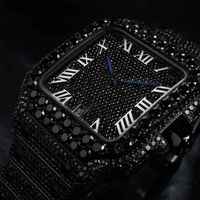 Montre-bracelet analogique classique de luxe 41 mm en acier inoxydable noir, cadran carré, moissanite VVS, charme hip-hop, mouvement Eta