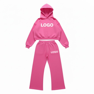 Custom Logo Embroidery <b>Oversize</b> Crop Hoodie & <b>Sweatpants</b> Streetwear Heavyweight 100% Cotton Fleece Tracksuit For Unisex - Product Image 5