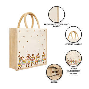 Bolsa de Regalo con Logotipo Bordado de Warli Utsav, Bolsa de Regalo de Yute y Lona de Algodón, Bolsa de Embalaje para Artículos de Regalo, Cesta de Regalo para Festivales - Product Image 3