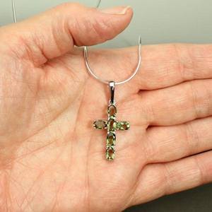 Vintage Gold Plated <b>Sterling</b> <b>Silver</b> Moldavite <b>Cross</b> Necklace with Authentic Green Tektite Oval <b>Pendant</b> Chain and Certificate - Product Image 2