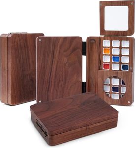 Boîte de <span class=keywords><strong>palette</strong></span> de peinture pliable en <span class=keywords><strong>bois</strong></span> de noyer gravée à 24 compartiments, <span class=keywords><strong>petite</strong></span> <span class=keywords><strong>palette</strong></span> d'aquarelle pour peinture à l'air - Product Image 3