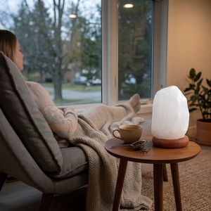 Lampe en sel de roche himalayen blanc naturel, lampe de table en cristal brut artisanal avec base en bois, décoration d'intérieur, lumière ambiante - Product Image 4