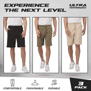 Lot de 3 shorts athlétiques ultra performants pour hommes, shorts de gym décontractés, poches zippées 100% coton, taille moyenne, fabrication en toile - Product Image 3