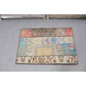 Alfombra Vintage Pequeña de 1.7x2.5 pies, Alfombra Turca, Alfombra de Lana Ikat Azul y Roja - Product Image 3