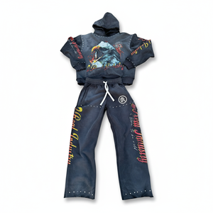Custom <b>Winter</b> Solid Breathable Sweatsuit Rhinestone Streetwear Tracksuit Oversized Baggy Flared Sweatpants <b>Hoodie</b> Set - Product Image 1