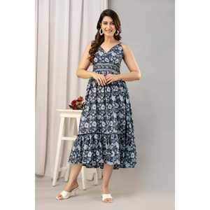 Dress-SHKUP1442แมกซี่ทรงเข้ารูปแขนกุดพิมพ์ลายดอกไม้สีกรมท่า - Product Image 1