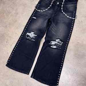 Pantalon en jean noir à strass, streetwear, coupe ample, jeans scintillants, mode homme, décontracté, jambe large, vente en gros personnalisée, pantalon à pierres - Product Image 2