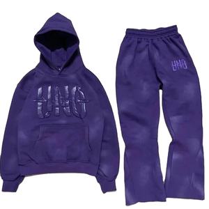 2024 Acid Wash 3D for Puff Print Distressed Tracksuit Eco-Friendly 100% Cotton Stacked Flared Sweatpants Hoodie Drawstring - Product Image 5