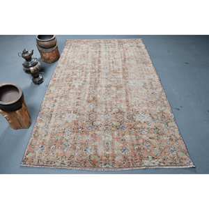 Alfombra turca vintage de 6,4x8,2 pies, tejido plano de lana beige naranja con patrón de retazos para decoración de sala de estar, uso en pasillo - Product Image 1