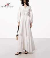 Robe longue en coton lavable et écologique, col en V, coupe ample, manches bouffantes, motif floral, boutonnée, ajourée, idéale pour les vacances à la plage – Personnalisation OEM