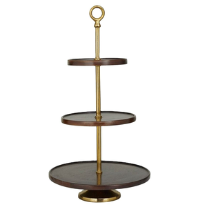 High Quality 2-Tier Bamboo Wood Metal Plate Stand Gold <b>Brown</b> <b>Shining</b> Polish for Cupcakes Desserts Dishwasher Safe for Parties - Product Image 1