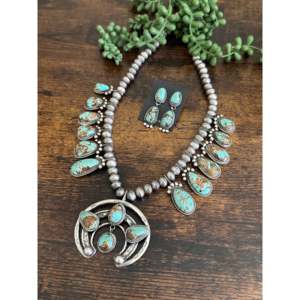Navajo Handmade Sterling Silver Squash Blossom Necklace <b>Set</b> with Turquoise & Rhinestone Accents - Product Image 5