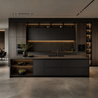 Ensemble d'armoires de cuisine modulaires KEJIA, style moderne et luxueux, grain de bois foncé, sans poignées, noir mat, avec îlot central