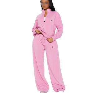 Ensemble de survêtement rose pour femme avec fermeture éclair quart de tour, pantalon de jogging en molleton personnalisé de haute qualité avec cordon de serrage, tenue décontractée pour la maison - Product Image 1