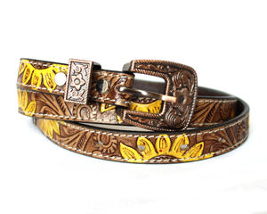 Western Custom Hand Tooled Brown & Yellow Cinturones de cuero genuino para las mujeres Directo de la fábrica con níquel para la hebilla - Product Image 1
