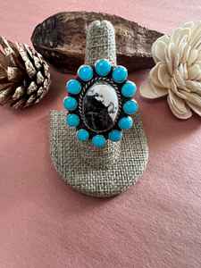 Búfalo blanco genuino y Bella Durmiente Turquesa Anillo de racimo de plata esterlina 925 Tamaño ajustable - Product Image 4