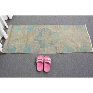 Vintage Blue Beige Wool <b>Rug</b> 1.5 X 3.8ft Turkish Classic Large Area <b>Abstract</b> Rectangle Pattern Latex for Hallway Room Decor - Product Image 5