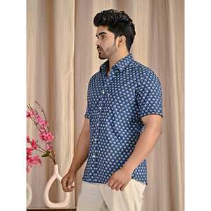 Camisa de Manga Corta para Hombre, Azul, Popelina de Algodón, Estampada, Corte Entallado, Estilo Casual y de Esmoquin, Suministro ODM - Product Image 4