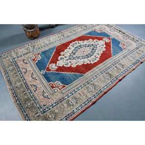 พรมขนสัตว์ตุรกีวินเทจ เป็นมิตรกับสิ่งแวดล้อม สีแดงน้ำเงินคลาสสิก ทำมือ ขนาด 9x12 ฟุต สำหรับทางเข้าบ้าน/โถงทางเดิน ลายปะติดปะต่อ ขนาด 55x8.8 ฟุต รุ่นใหม่สำหรับตกแต่งห้อง - Product Image 2