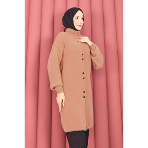 Cardigan en laine d'angora boutonné doré avec imprimé, décontracté, hiver, automne, printemps, hijab, couleur camel - Product Image 2