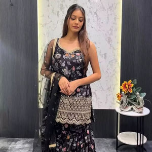 Diseñador tradicional étnico conjunto de 3 piezas listo Sharara Gharara Georgette tela bordado indio trabajo Salwar Kameez invierno - Product Image 1