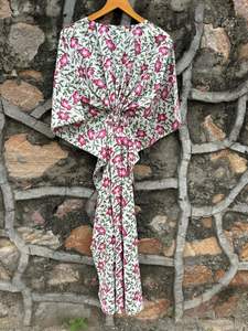 Maxi vestido de algodón orgánico para mujer, colección de verano hecha a mano, caftán rosa con estampado de bloques, caftán informal hasta el suelo - Product Image 5