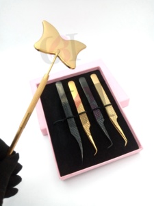 Pince à épiler pour extensions de cils en acier inoxydable de haute qualité, antistatique, antimagnétique, noire et dorée, style papillon, avec miroir - Product Image 4
