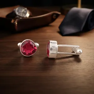 Boutons de manchette en tourmaline rose naturelle, fabriqués à la main par un designer, sertis dans de l'argent sterling 925, bijoux de luxe unisexes, cadeau - Product Image 1