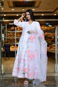 Latest Designer Pure Cotton Floral Printed V-neck <b>Three</b> Quarter Sleeves Embroidered Women's Long Anarkali Kurti Gown Dupatta - Product Image 6