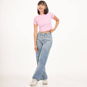 Babytee, camiseta informal rosa recortada para mujer, camiseta transpirable antibolitas de manga corta, cuello redondo, comodidad óptima, ecológica - Product Image 4