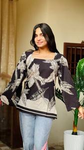 Élégant femmes été hauts manches longues imprimé fleuri coton élégant coupe ample tissé à la mode décontracté élégant couleur hauts - Product Image 6