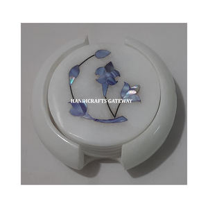 Most Attractive Good Looking <b>White</b> Marble Inlay Mother Of Pearl Coaster Set <b>Round</b> Shape Flower Design For Corporate Gifting - Product Image 2