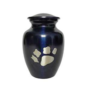 Deep Blue Metal Pet Cremation Urn with Silver Paw Print Accent for <b>Dog</b> and Cat <b>Memorial</b> Tribute - Product Image 1