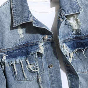Vintage lavado primavera calle moda Unisex rasgado Denim prendas de vestir exteriores chaquetas Custom Distress transpirable secado rápido 100% algodón - Product Image 4