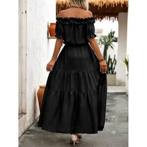 Robe longue Aerobin pour femme avec col Madonna, détail volanté et fente, 37345 - Noir - Product Image 4