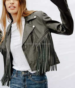 Veste à franges en cuir d'agneau véritable noir pour femmes Veste de festival en toile tricotée respirante de style occidental - Product Image 6