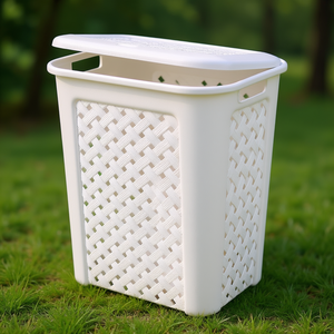 Arianna Plastic <b>Laundry</b> Basket 50L White Woven Design With Lid For Home Use - Product Image 3