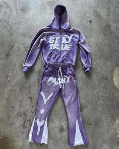 Custom Applique Distressed <b>Embroidery</b> Patches Tracksuits Manufacturer Boxy Fit Cotton Fleece Hoodie and Flared Sweats Pants <b>Sets</b> - Product Image 5